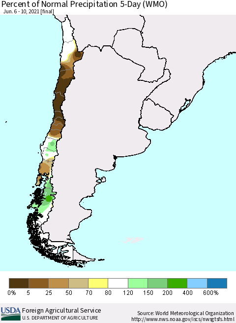 Chile Percent of Normal Precipitation 5-Day (WMO) Thematic Map For 6/6/2021 - 6/10/2021