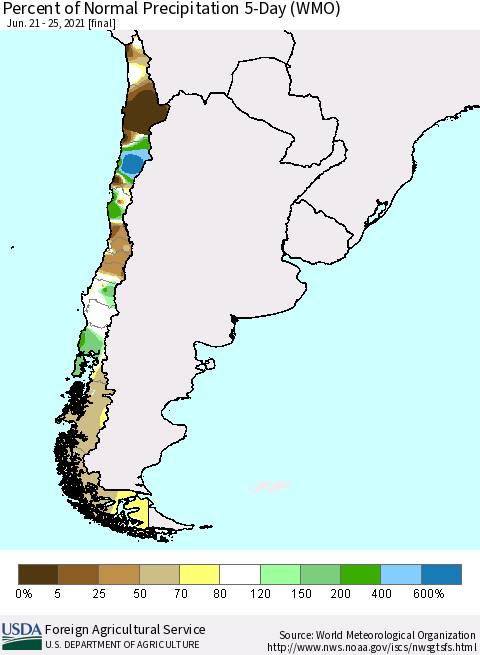 Chile Percent of Normal Precipitation 5-Day (WMO) Thematic Map For 6/21/2021 - 6/25/2021