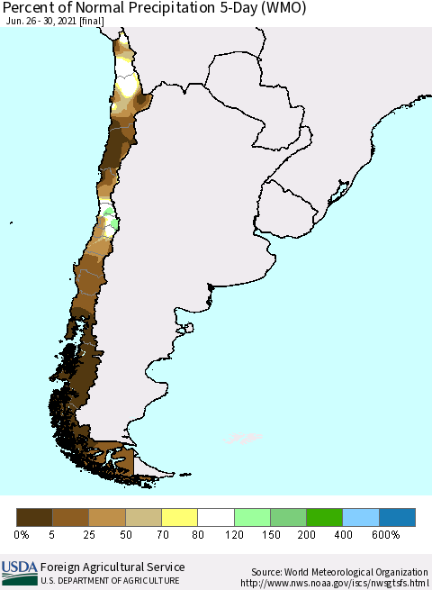 Chile Percent of Normal Precipitation 5-Day (WMO) Thematic Map For 6/26/2021 - 6/30/2021