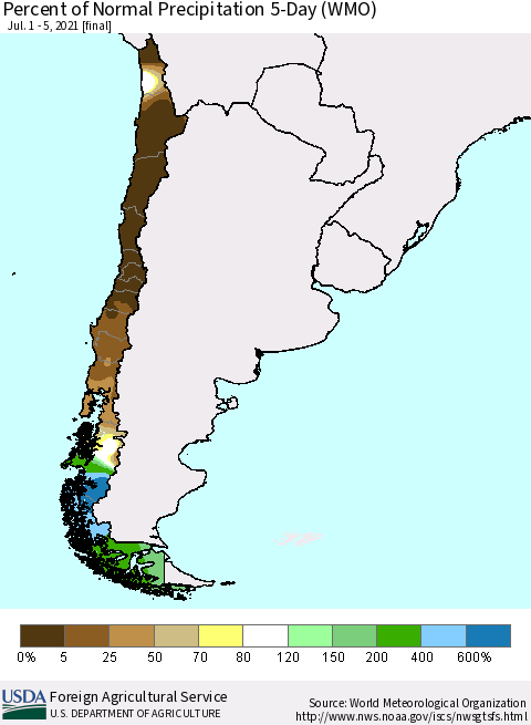 Chile Percent of Normal Precipitation 5-Day (WMO) Thematic Map For 7/1/2021 - 7/5/2021