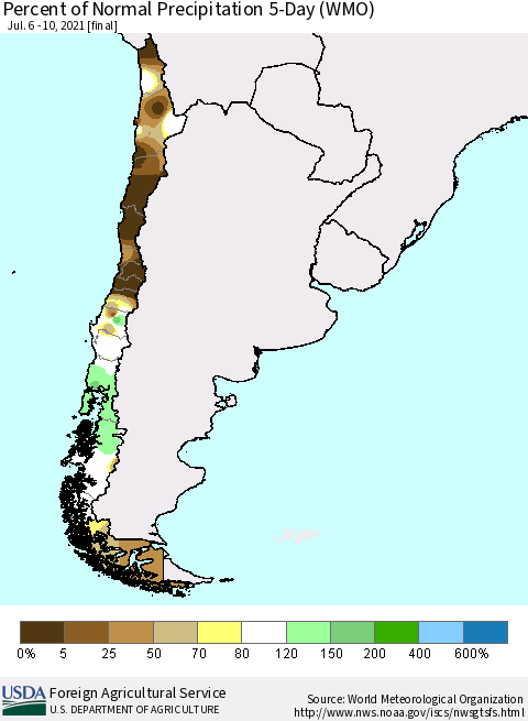 Chile Percent of Normal Precipitation 5-Day (WMO) Thematic Map For 7/6/2021 - 7/10/2021