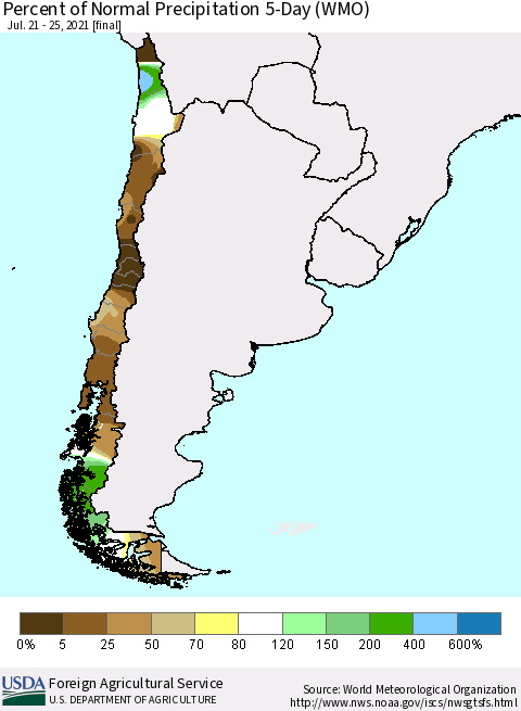 Chile Percent of Normal Precipitation 5-Day (WMO) Thematic Map For 7/21/2021 - 7/25/2021