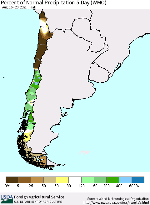 Chile Percent of Normal Precipitation 5-Day (WMO) Thematic Map For 8/16/2021 - 8/20/2021