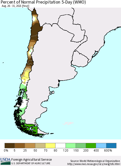 Chile Percent of Normal Precipitation 5-Day (WMO) Thematic Map For 8/26/2021 - 8/31/2021