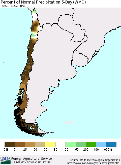 Chile Percent of Normal Precipitation 5-Day (WMO) Thematic Map For 9/1/2021 - 9/5/2021