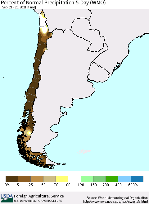 Chile Percent of Normal Precipitation 5-Day (WMO) Thematic Map For 9/21/2021 - 9/25/2021