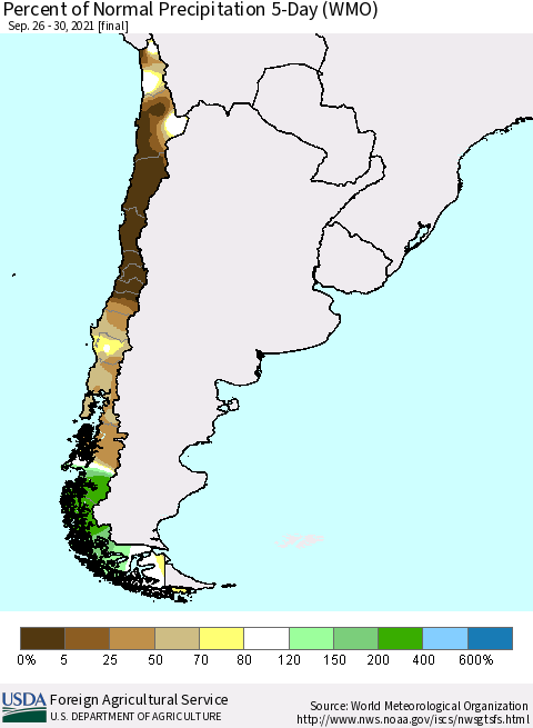 Chile Percent of Normal Precipitation 5-Day (WMO) Thematic Map For 9/26/2021 - 9/30/2021