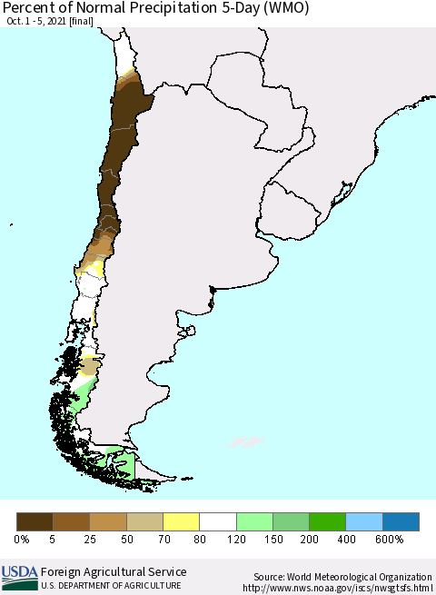 Chile Percent of Normal Precipitation 5-Day (WMO) Thematic Map For 10/1/2021 - 10/5/2021
