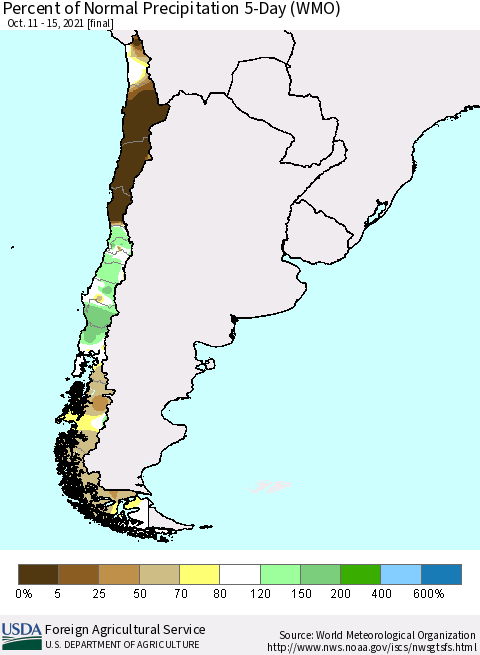 Chile Percent of Normal Precipitation 5-Day (WMO) Thematic Map For 10/11/2021 - 10/15/2021