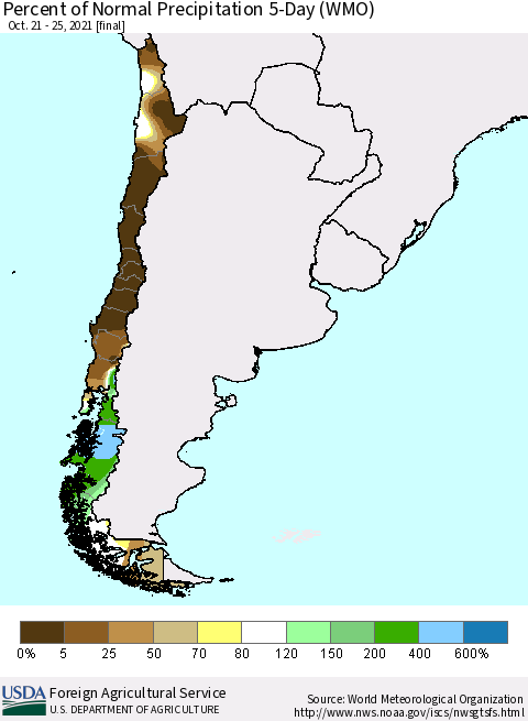 Chile Percent of Normal Precipitation 5-Day (WMO) Thematic Map For 10/21/2021 - 10/25/2021