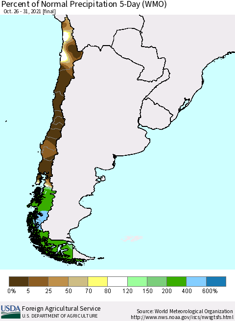 Chile Percent of Normal Precipitation 5-Day (WMO) Thematic Map For 10/26/2021 - 10/31/2021