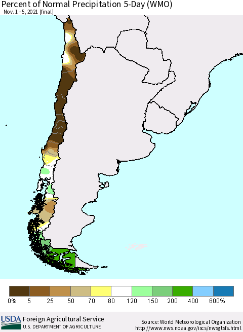 Chile Percent of Normal Precipitation 5-Day (WMO) Thematic Map For 11/1/2021 - 11/5/2021