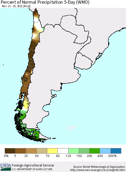 Chile Percent of Normal Precipitation 5-Day (WMO) Thematic Map For 11/21/2021 - 11/25/2021
