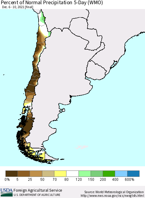 Chile Percent of Normal Precipitation 5-Day (WMO) Thematic Map For 12/6/2021 - 12/10/2021