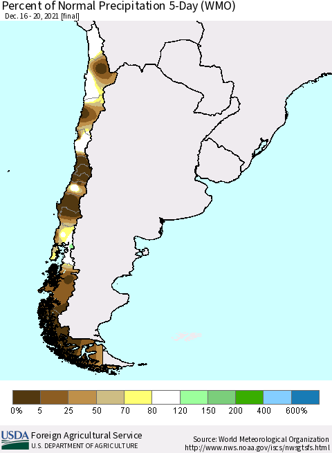 Chile Percent of Normal Precipitation 5-Day (WMO) Thematic Map For 12/16/2021 - 12/20/2021