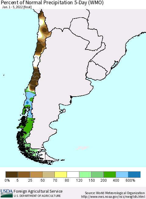 Chile Percent of Normal Precipitation 5-Day (WMO) Thematic Map For 1/1/2022 - 1/5/2022