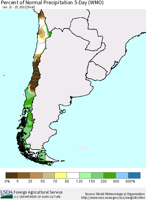 Chile Percent of Normal Precipitation 5-Day (WMO) Thematic Map For 1/21/2022 - 1/25/2022