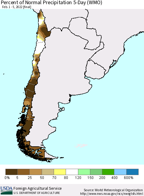 Chile Percent of Normal Precipitation 5-Day (WMO) Thematic Map For 2/1/2022 - 2/5/2022