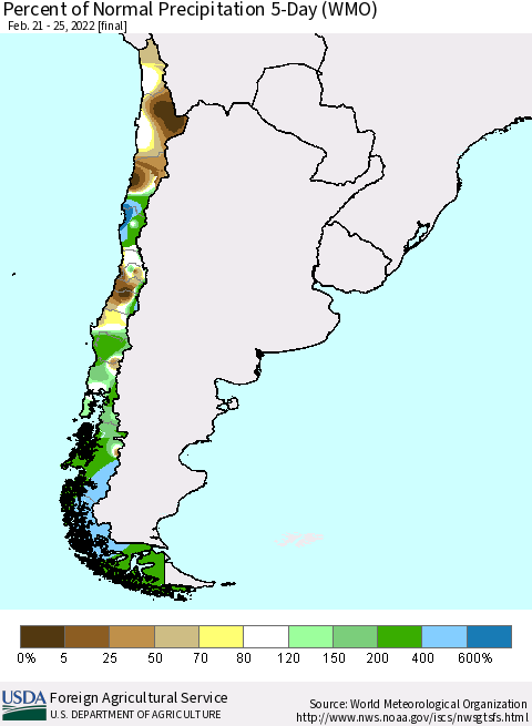 Chile Percent of Normal Precipitation 5-Day (WMO) Thematic Map For 2/21/2022 - 2/25/2022
