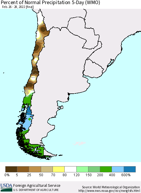 Chile Percent of Normal Precipitation 5-Day (WMO) Thematic Map For 2/26/2022 - 2/28/2022