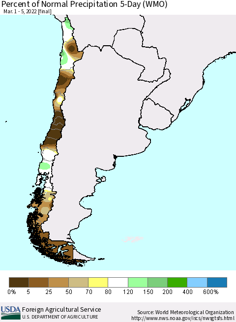 Chile Percent of Normal Precipitation 5-Day (WMO) Thematic Map For 3/1/2022 - 3/5/2022
