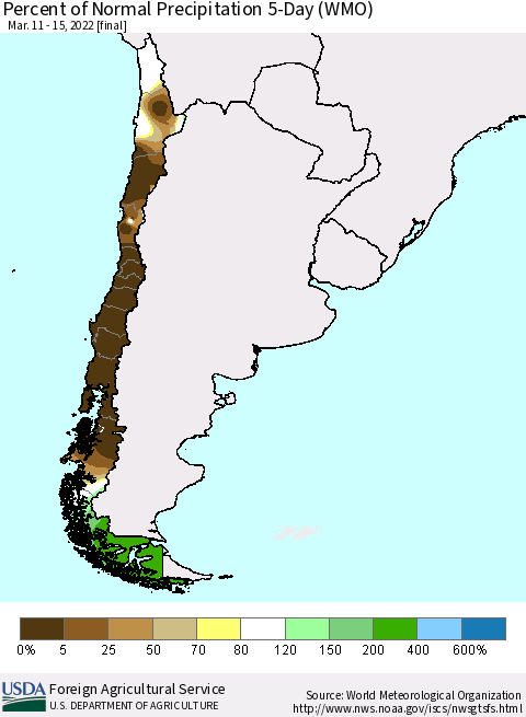 Chile Percent of Normal Precipitation 5-Day (WMO) Thematic Map For 3/11/2022 - 3/15/2022