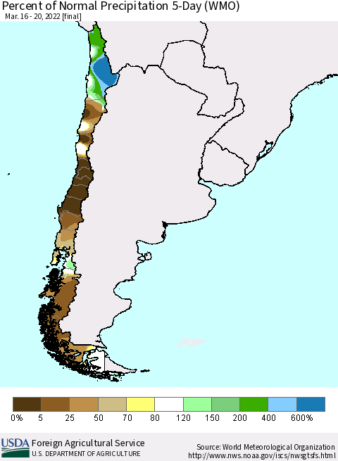 Chile Percent of Normal Precipitation 5-Day (WMO) Thematic Map For 3/16/2022 - 3/20/2022