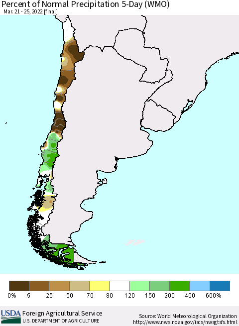 Chile Percent of Normal Precipitation 5-Day (WMO) Thematic Map For 3/21/2022 - 3/25/2022