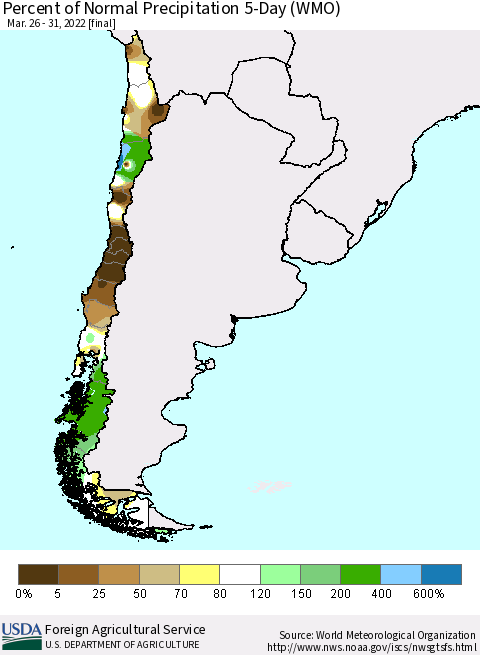 Chile Percent of Normal Precipitation 5-Day (WMO) Thematic Map For 3/26/2022 - 3/31/2022