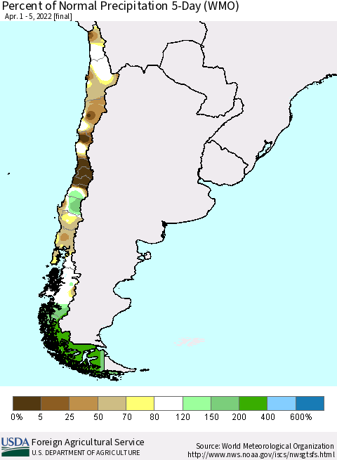 Chile Percent of Normal Precipitation 5-Day (WMO) Thematic Map For 4/1/2022 - 4/5/2022