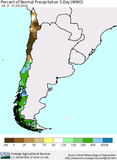 Chile Percent of Normal Precipitation 5-Day (WMO) Thematic Map For 4/21/2022 - 4/25/2022