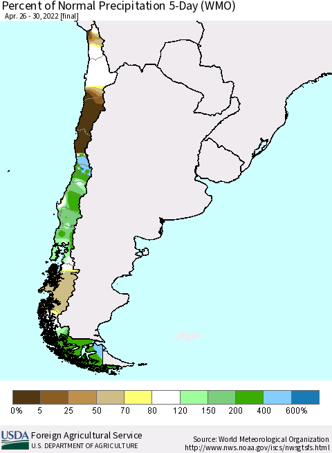Chile Percent of Normal Precipitation 5-Day (WMO) Thematic Map For 4/26/2022 - 4/30/2022
