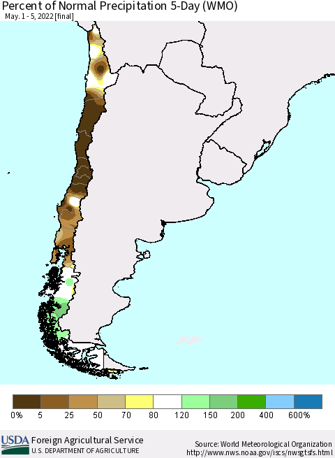 Chile Percent of Normal Precipitation 5-Day (WMO) Thematic Map For 5/1/2022 - 5/5/2022