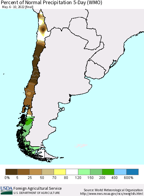 Chile Percent of Normal Precipitation 5-Day (WMO) Thematic Map For 5/6/2022 - 5/10/2022
