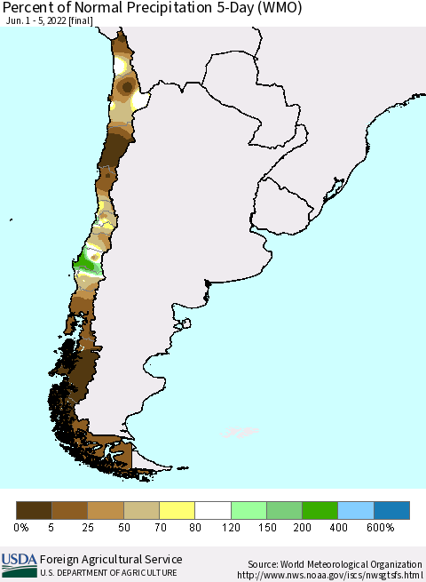Chile Percent of Normal Precipitation 5-Day (WMO) Thematic Map For 6/1/2022 - 6/5/2022