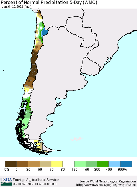 Chile Percent of Normal Precipitation 5-Day (WMO) Thematic Map For 6/6/2022 - 6/10/2022