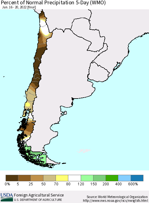 Chile Percent of Normal Precipitation 5-Day (WMO) Thematic Map For 6/16/2022 - 6/20/2022