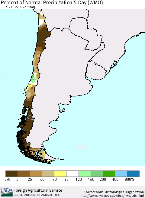 Chile Percent of Normal Precipitation 5-Day (WMO) Thematic Map For 6/21/2022 - 6/25/2022
