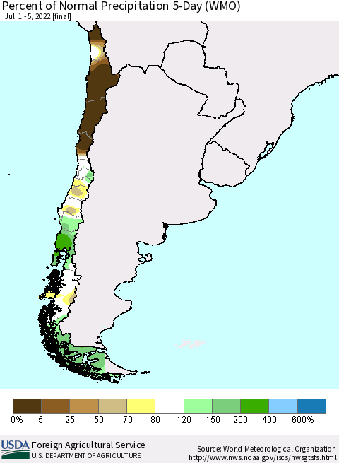 Chile Percent of Normal Precipitation 5-Day (WMO) Thematic Map For 7/1/2022 - 7/5/2022