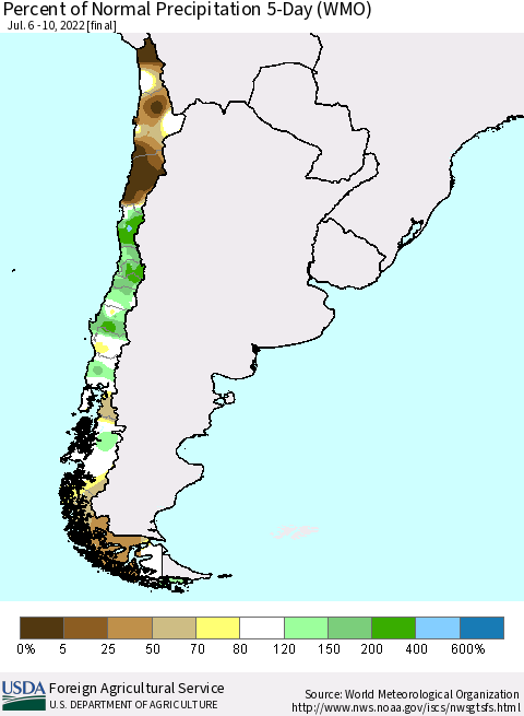 Chile Percent of Normal Precipitation 5-Day (WMO) Thematic Map For 7/6/2022 - 7/10/2022