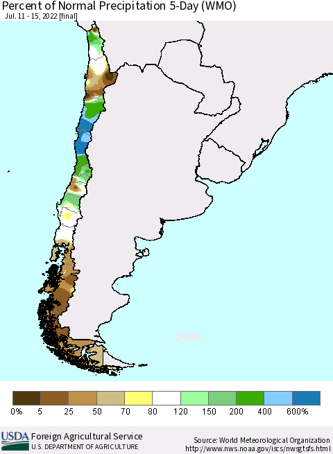 Chile Percent of Normal Precipitation 5-Day (WMO) Thematic Map For 7/11/2022 - 7/15/2022