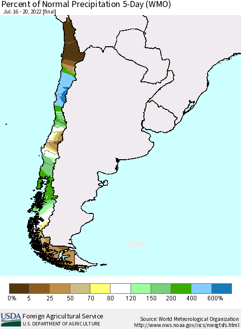 Chile Percent of Normal Precipitation 5-Day (WMO) Thematic Map For 7/16/2022 - 7/20/2022