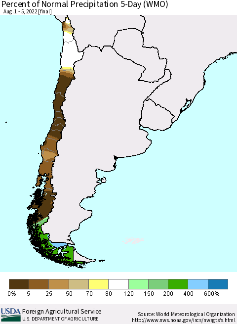 Chile Percent of Normal Precipitation 5-Day (WMO) Thematic Map For 8/1/2022 - 8/5/2022
