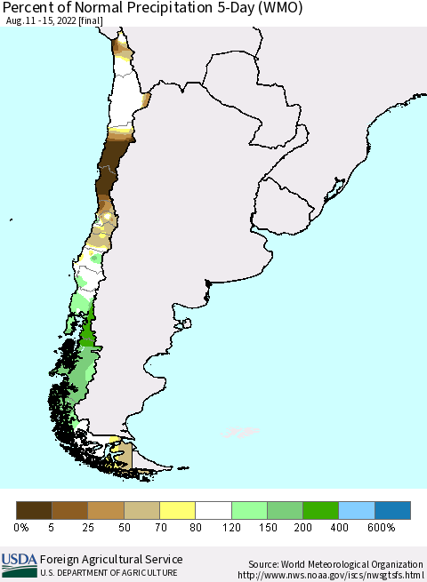 Chile Percent of Normal Precipitation 5-Day (WMO) Thematic Map For 8/11/2022 - 8/15/2022