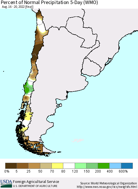 Chile Percent of Normal Precipitation 5-Day (WMO) Thematic Map For 8/16/2022 - 8/20/2022