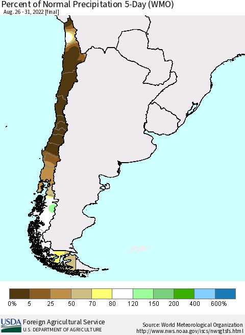 Chile Percent of Normal Precipitation 5-Day (WMO) Thematic Map For 8/26/2022 - 8/31/2022