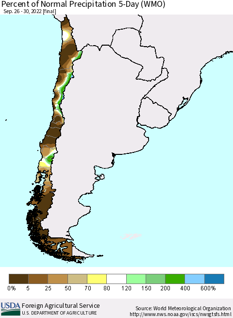 Chile Percent of Normal Precipitation 5-Day (WMO) Thematic Map For 9/26/2022 - 9/30/2022