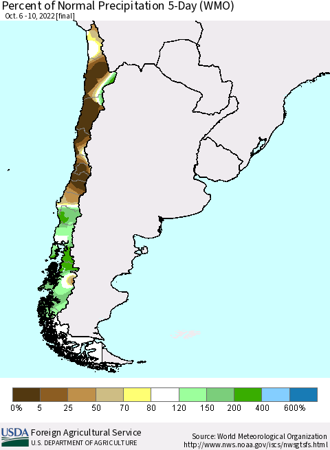 Chile Percent of Normal Precipitation 5-Day (WMO) Thematic Map For 10/6/2022 - 10/10/2022