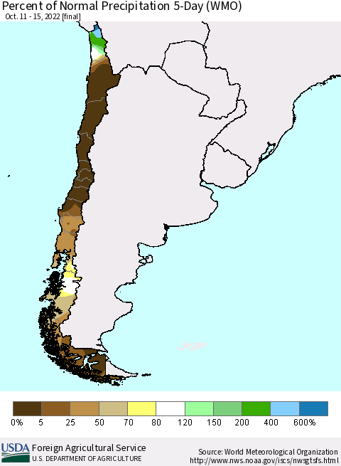 Chile Percent of Normal Precipitation 5-Day (WMO) Thematic Map For 10/11/2022 - 10/15/2022