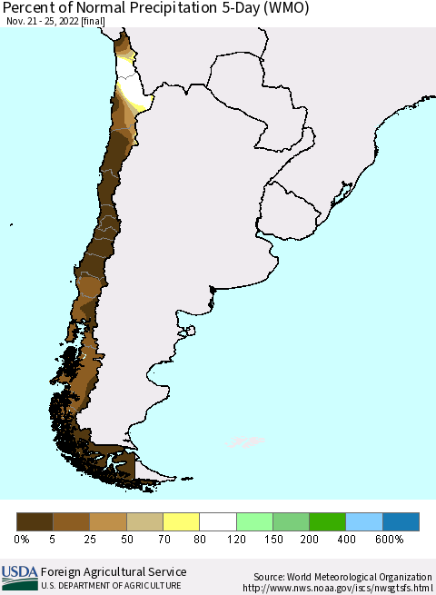 Chile Percent of Normal Precipitation 5-Day (WMO) Thematic Map For 11/21/2022 - 11/25/2022